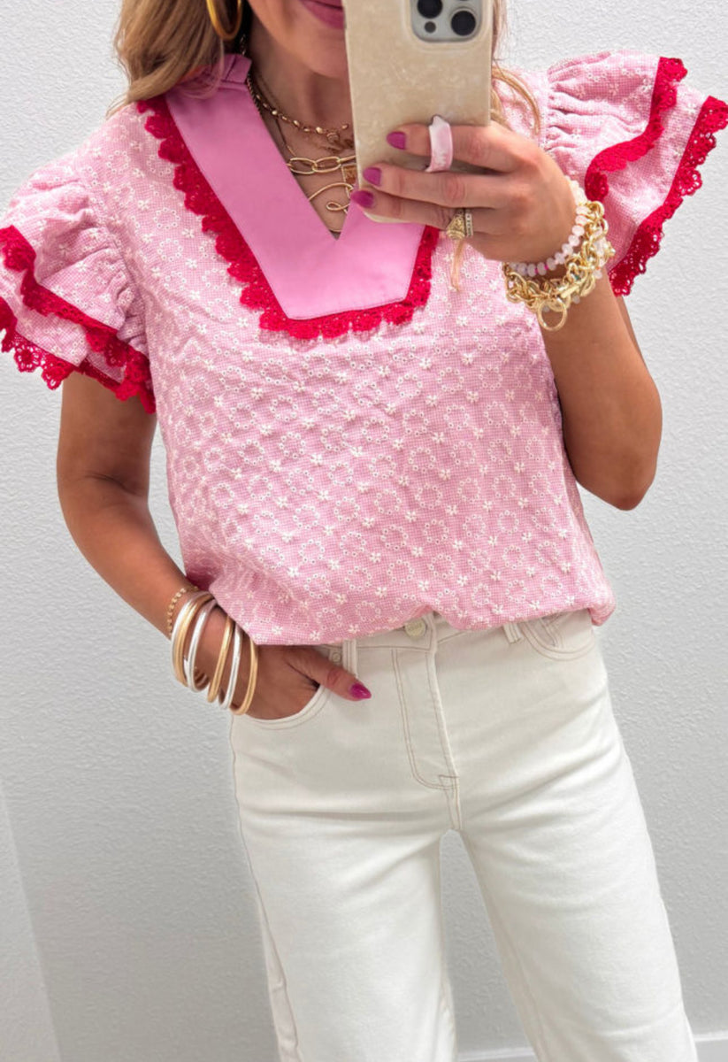 Perfect In Pink Eyelet Embroidered Ruffle Top – The Back Home Boutique