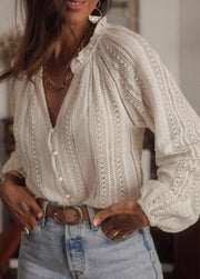 Out And About Cream Lace Button Top