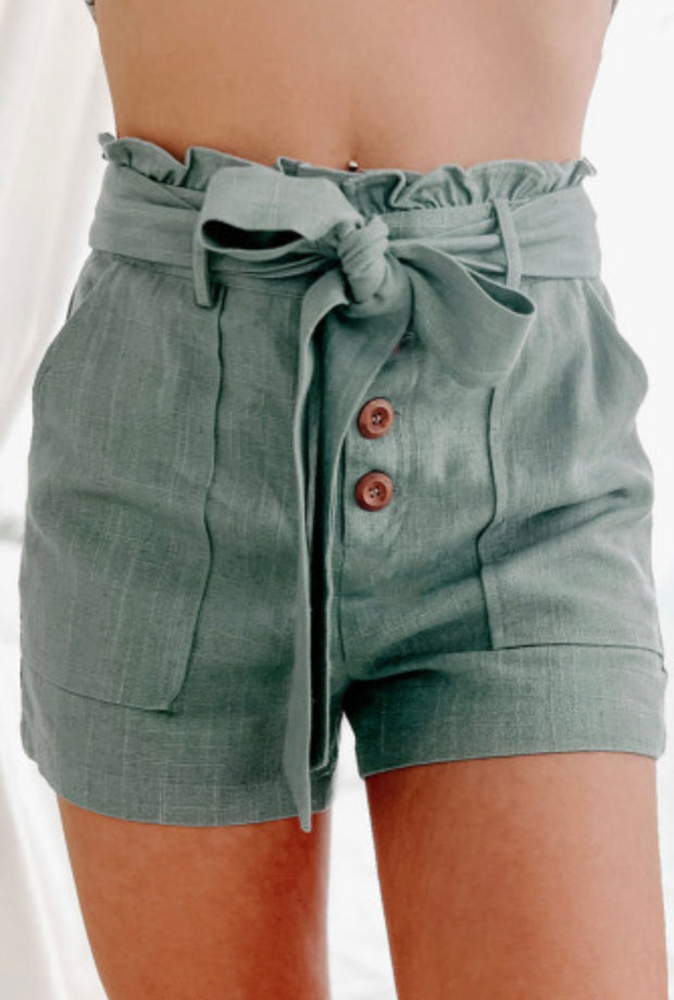 Green Linen Paperbag Shorts